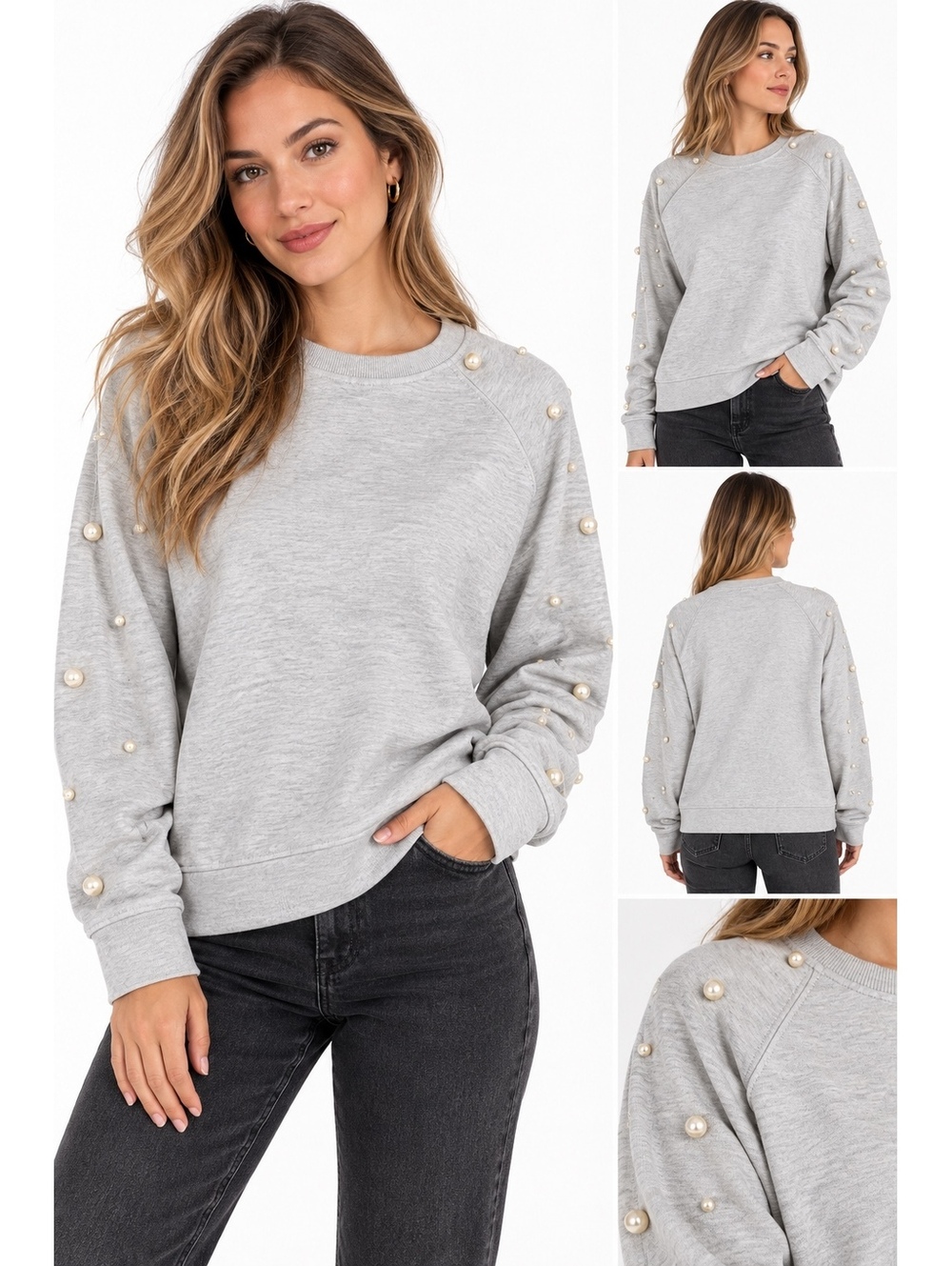 ZARA Pearl Embellished Sweatshirt Women’s M Gray Crewneck Preppy Chic